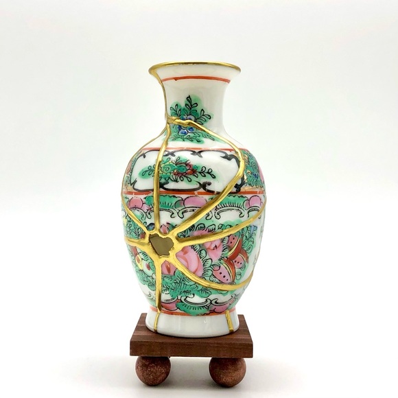 Chinese Famile Rose Kintsugi Vase Vintage Marked Gold Crack Japanese Growth Gift - Picture 5 of 14